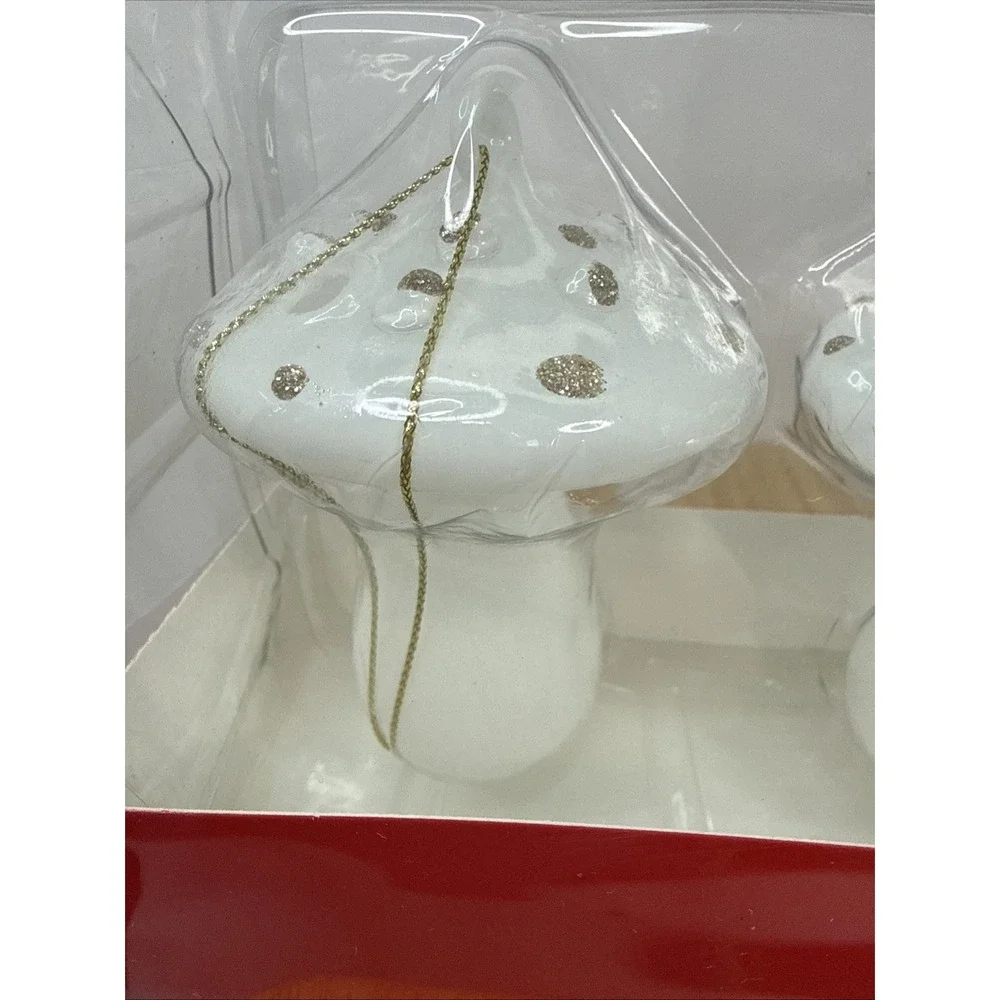 Holiday Lane Macy's Mushroom White Glass‎ Christmas Ornaments Set Of 3 NIB